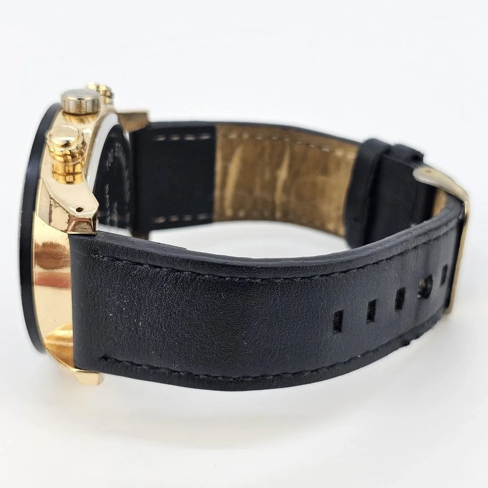 Men's Analog Watch 46MM Black Dial Black Faux‎ Leather Bands New Battery
